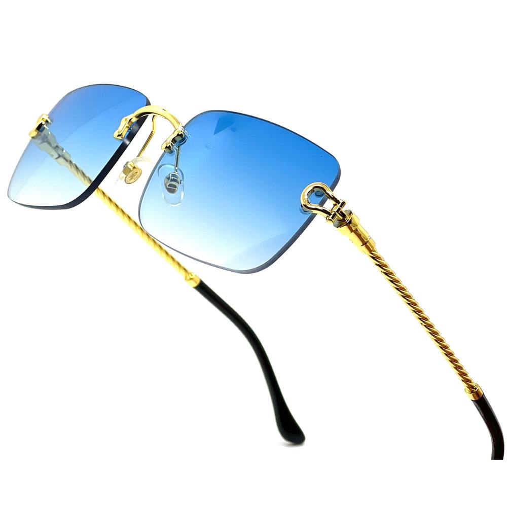 Mens Rimless Square Sunglasses Blue Gradient Gold Twisted Rope Frame Retro Shape - Picture 3 of 11